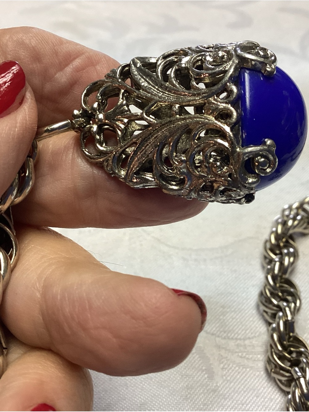 PAULINE RADER. Silver Rope Chain Pendant Belt with Deep Blue Glass RARE 💙💙💙 - Picture 2 of 9